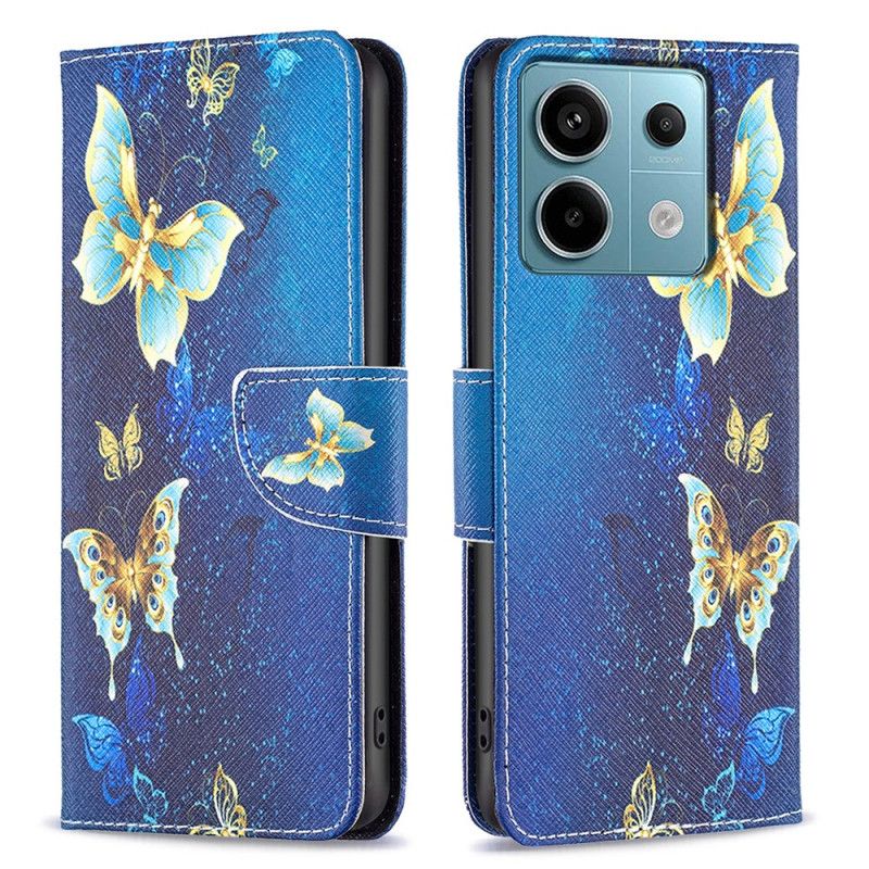 Kožený Kryt Xiaomi Redmi Note 13 Pro 4g Zlatí Motýli Na Modrém Pozadí