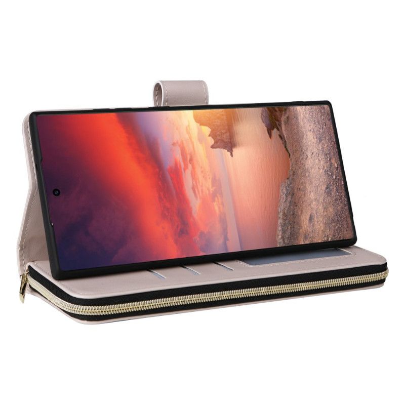 Kožený Kryt Na Samsung Galaxy S25 Ultra 5g Prošívaná Peněženka S Popruhem A Ramenním Popruhem