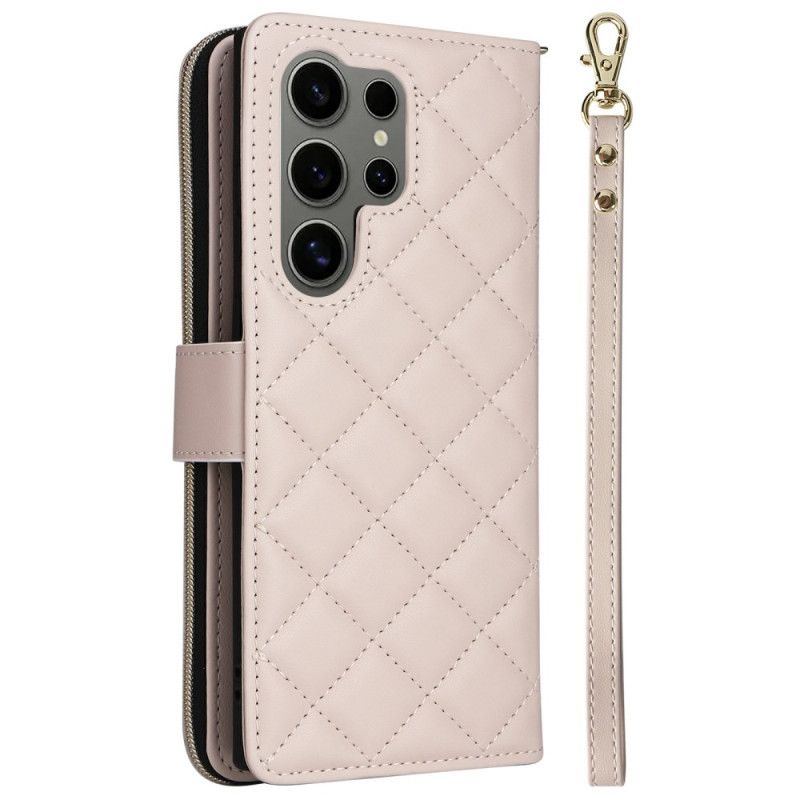 Kožený Kryt Na Samsung Galaxy S25 Ultra 5g Prošívaná Peněženka S Popruhem A Ramenním Popruhem