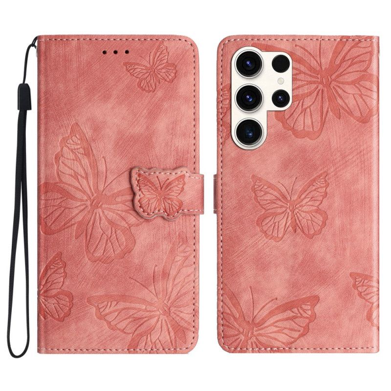 Kožený Kryt Samsung Galaxy S25 Ultra 5g Motýli S Efektem Semiše