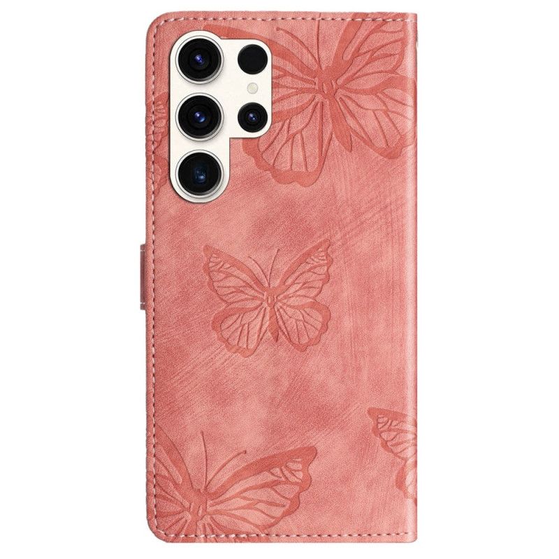 Kožený Kryt Samsung Galaxy S25 Ultra 5g Motýli S Efektem Semiše
