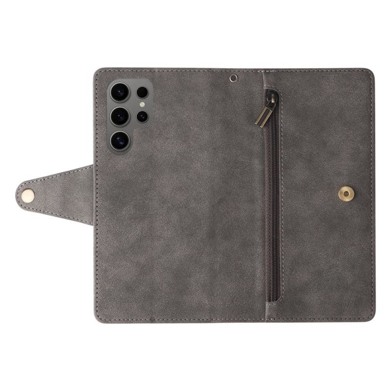 Kožený Kryt Samsung Galaxy S25 Ultra 5g Peněženka S Efektem Semiše A Řemínkem