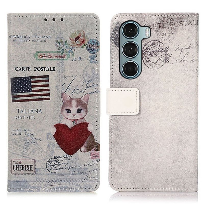 Kožené Pouzdro Na Moto G200 5G Kočka Cestovatel