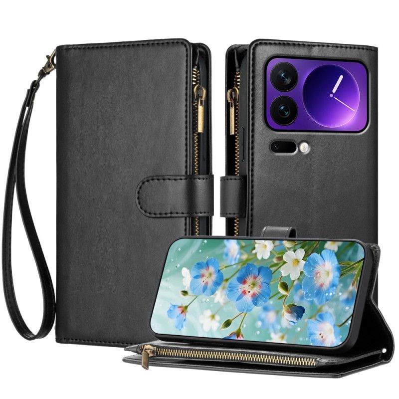 Kožený Kryt Na Xiaomi 17 Pro Peněženka Se Zipem A Popruhem