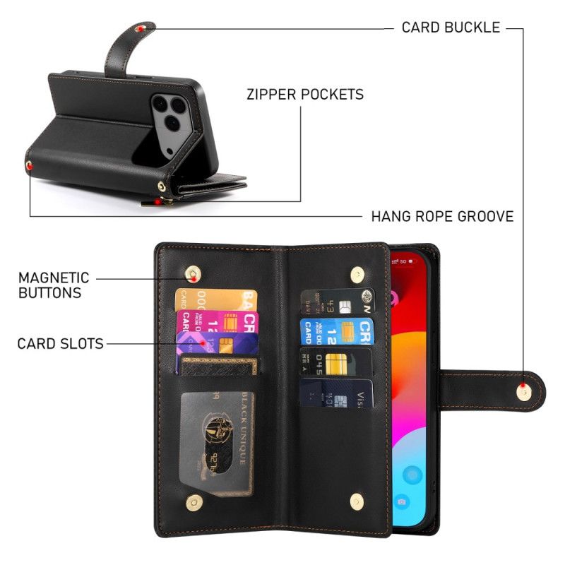 Kožený Kryt iPhone 17 Pro Max Peněženka S Kapsou Na Zip