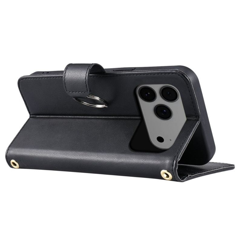 Kožený Kryt Na iPhone 17 Pro Max Prošívání Se Šňůrkou A Ramenním Popruhem