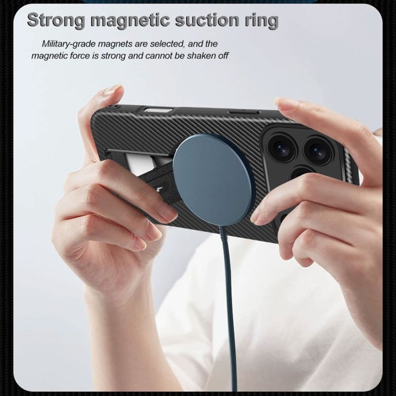 Kryt iPhone 17 Pro Max Textura Z Uhlíkových Vláken Se Stojánkem