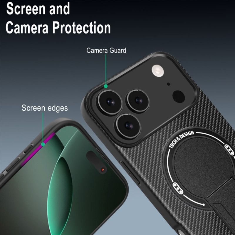 Kryt iPhone 17 Pro Max Textura Z Uhlíkových Vláken Se Stojánkem