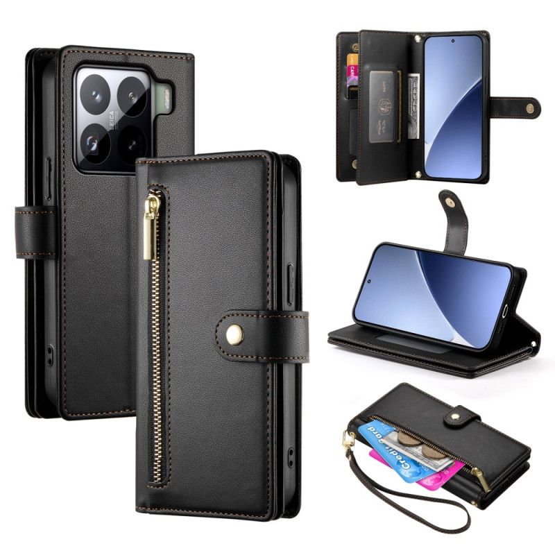 Kožený Kryt Xiaomi 15 Pro Peněženka S Popruhem A Ramenním Popruhem