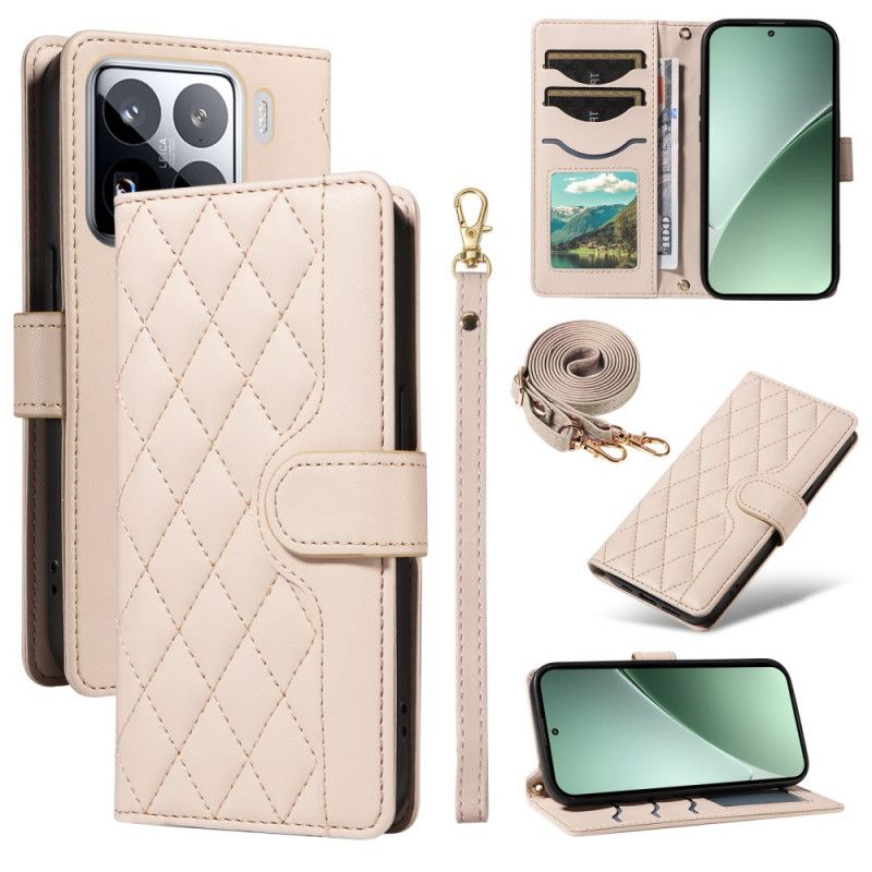 Kožený Kryt Xiaomi 15 Pro Prošívané S Popruhem A Ramenním Popruhem