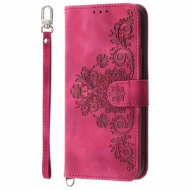 Kožený Kryt Xiaomi 15 Pro Semišový Květinový Vzor S Páskem A Ramenem Popruh