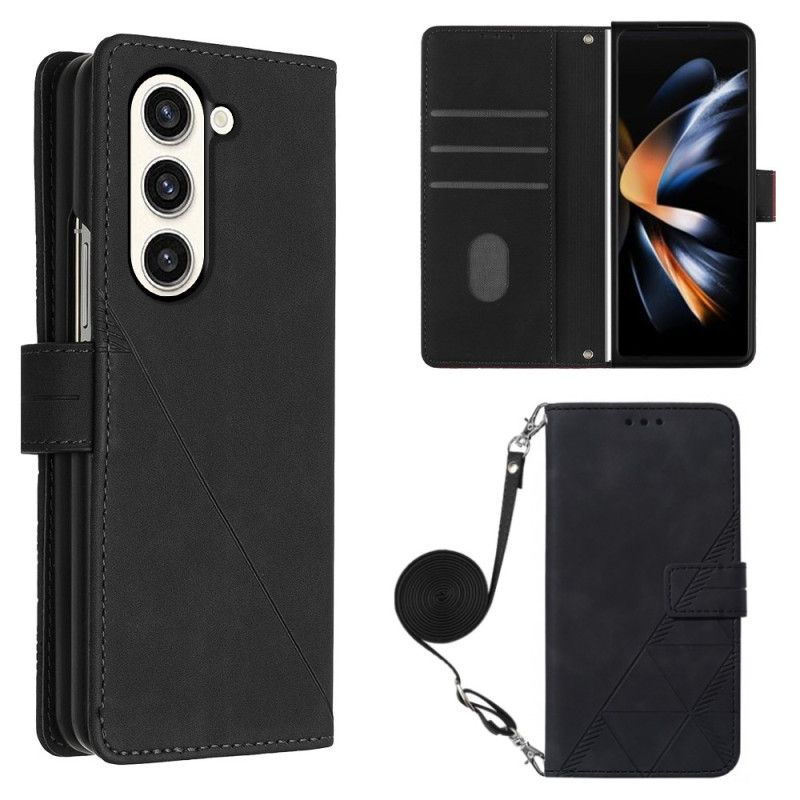 Kožený Kryt Na Samsung Galaxy Z Fold 5 Trojúhelníkový Vzor S Ramenním Popruhem