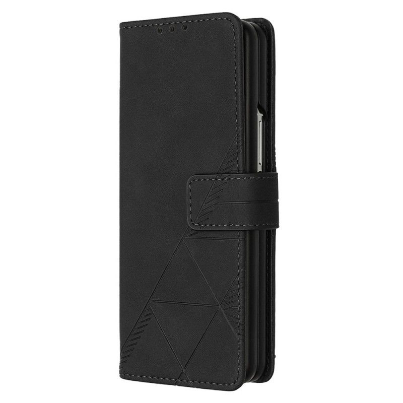 Kožený Kryt Na Samsung Galaxy Z Fold 5 Trojúhelníkový Vzor S Ramenním Popruhem