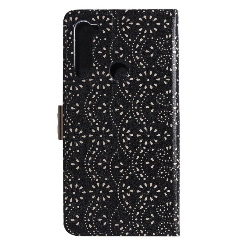Flipové Pouzdro Na Xiaomi Redmi Note 8 2021 Květinová Krajka S Koženým Efektem