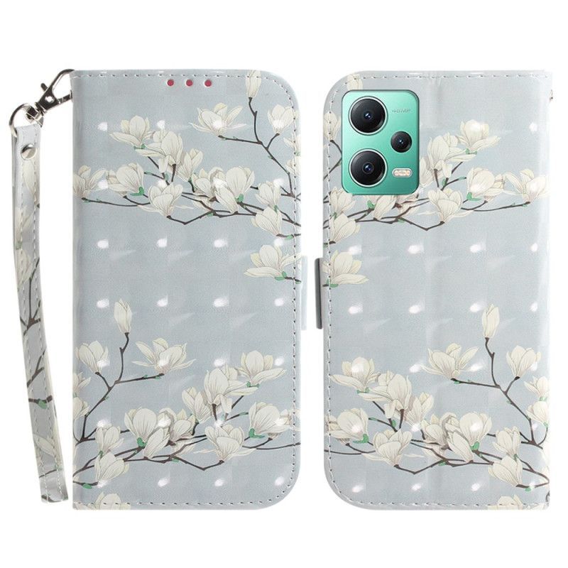 Flipové Pouzdro Na Xiaomi Redmi Note 12 5G Na Lana Strappy Bílé Květy