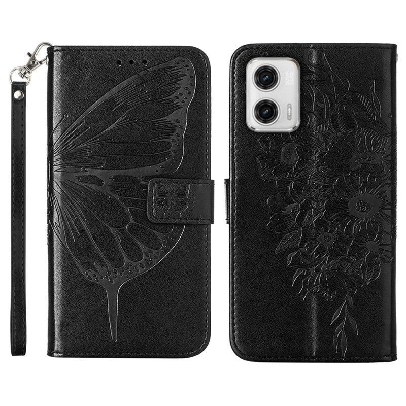 Flipové Pouzdro Na Moto G73 5G Na Lana Strappy Květinový Motýl