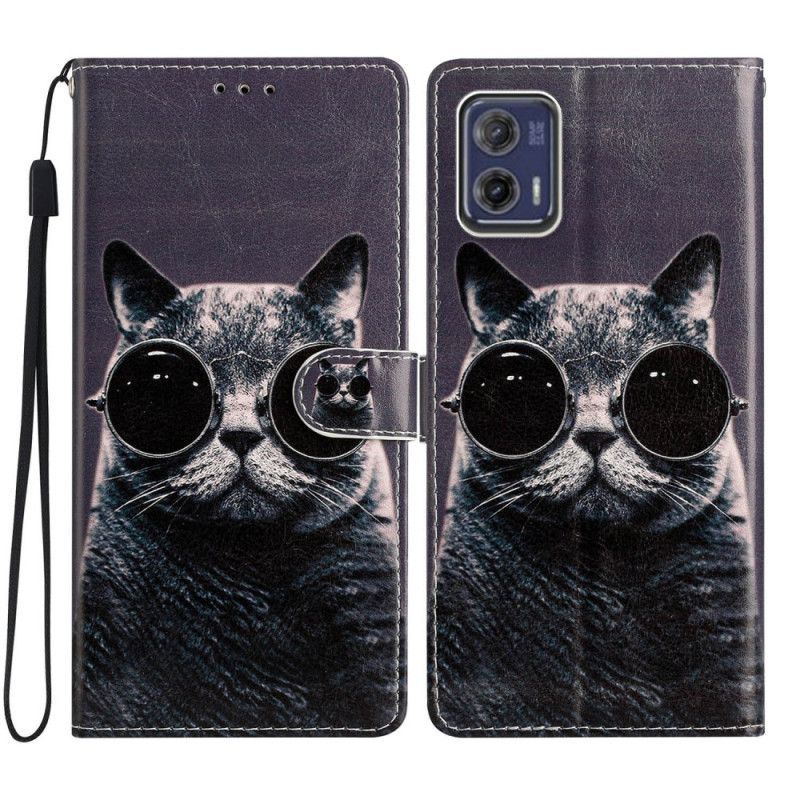 Kožené Pouzdro Na Moto G73 5G Na Lana Brýle S Páskem Cat