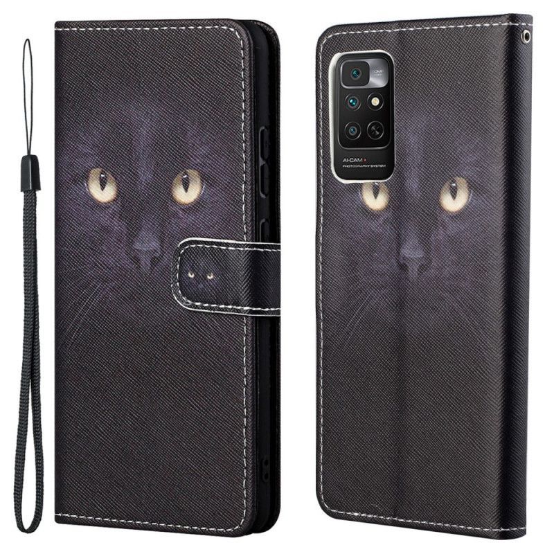 Kožené Pouzdro Na Xiaomi Redmi Note 11 / 11S Na Lana Strappy Černé Kočičí Oči