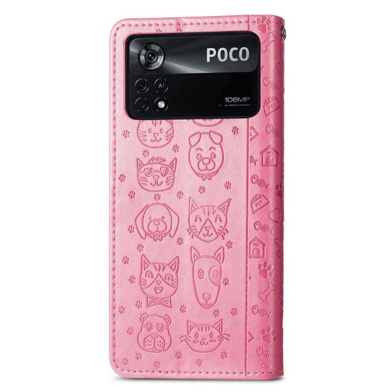 Flipové Pouzdro Na Poco X4 Pro 5G Reliéfní Zvířata S Koženým Efektem
