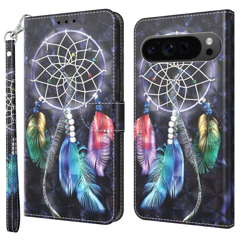 Kožený Kryt Google Pixel 9 Lapač Snů Na Černém Pozadí S Popruhem