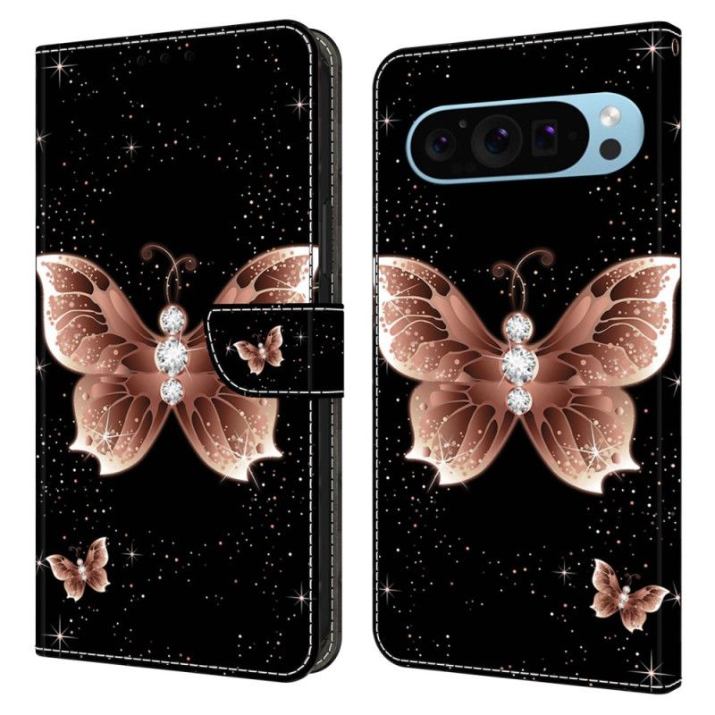 Kožený Kryt Google Pixel 9 Růžový Diamantový Motýl