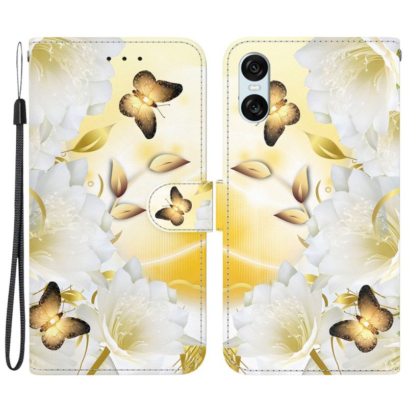 Kožený Kryt Sony Xperia 10 Vi Zlatí Motýli A Bílé Květy S Popruhem