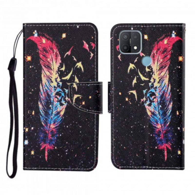 Flipové Pouzdro Na Oppo A15 Na Lana Barevné Pírko S Popruhem