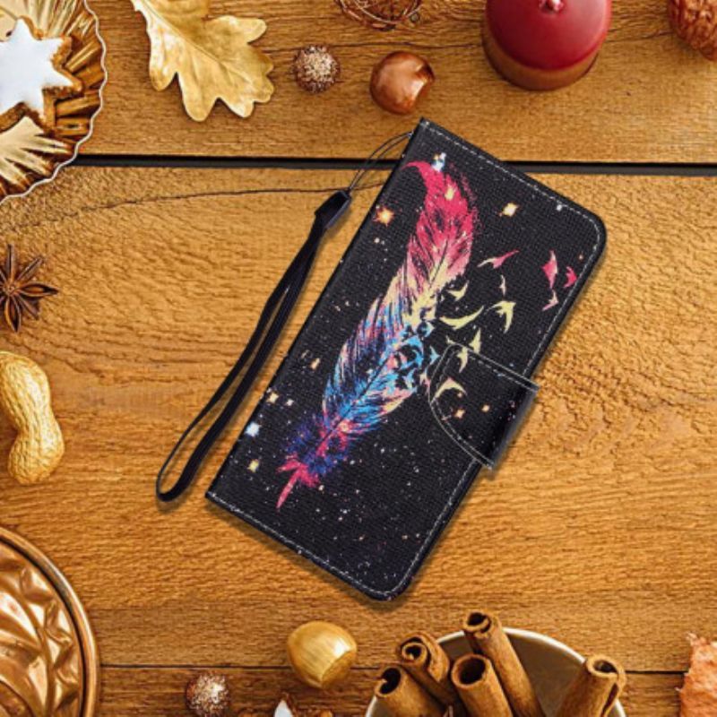 Flipové Pouzdro Na Oppo A15 Na Lana Barevné Pírko S Popruhem
