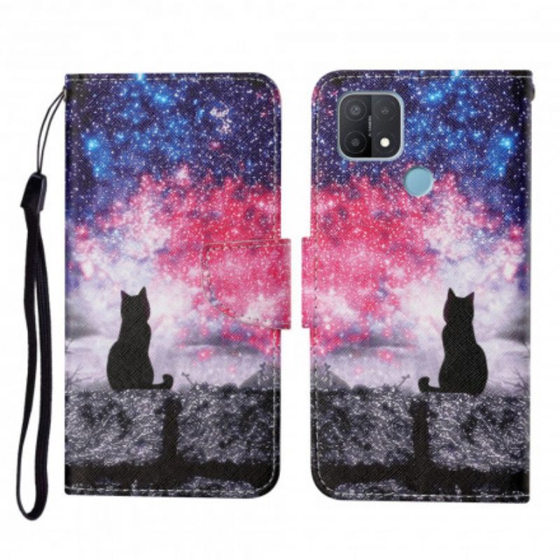 Kožené Pouzdro Na Oppo A15 Kočičí Příběhy S Lanyardem
