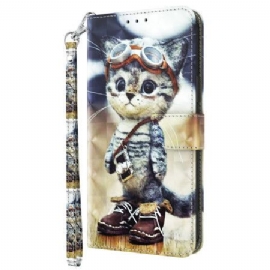 Kožený Kryt Samsung Galaxy A15 Letecká Kočka S Popruhem