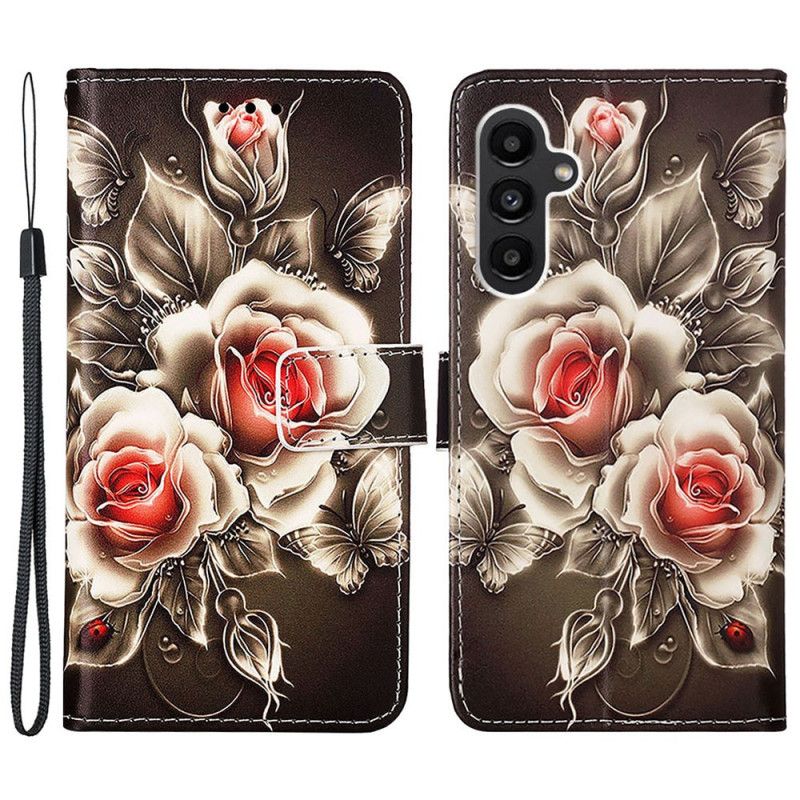 Kožený Kryt Samsung Galaxy A15 Popruhové Růže