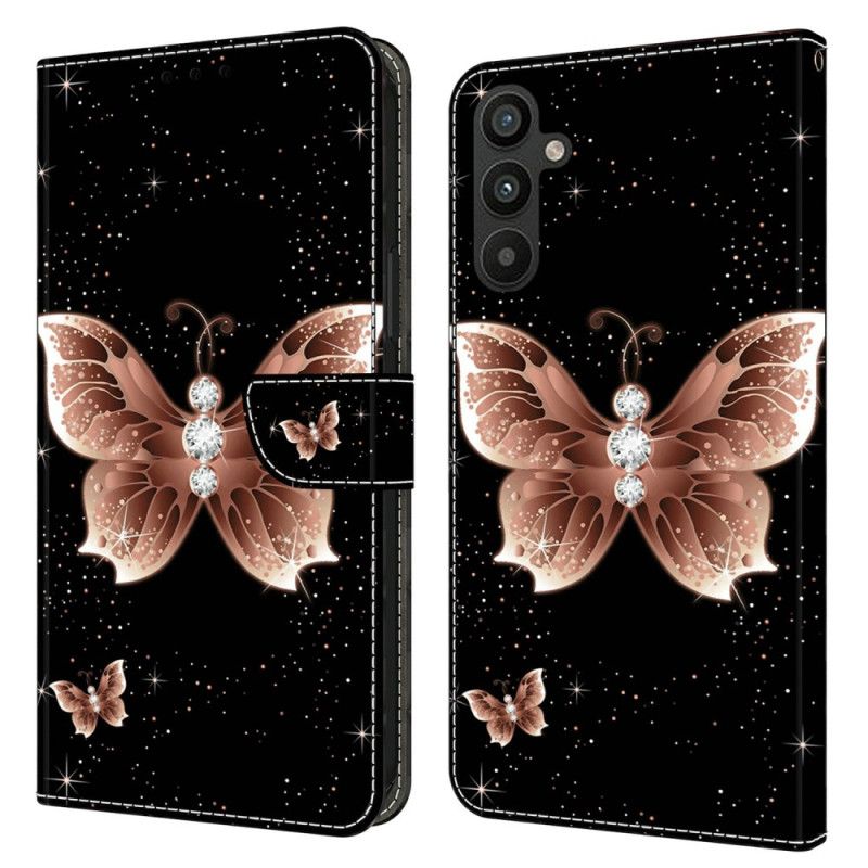 Kožený Kryt Samsung Galaxy A15 Růžoví Diamantoví Motýli
