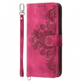 Kožený Kryt Xiaomi Redmi Note 14 5g Peněženka S Krajkovým Vzorem Popruhem A Ramenním Popruhem