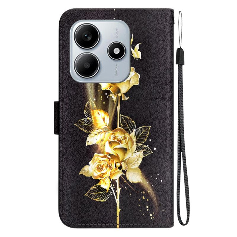 Kožený Kryt Xiaomi Redmi Note 14 5g Zlatí Motýli A Růže