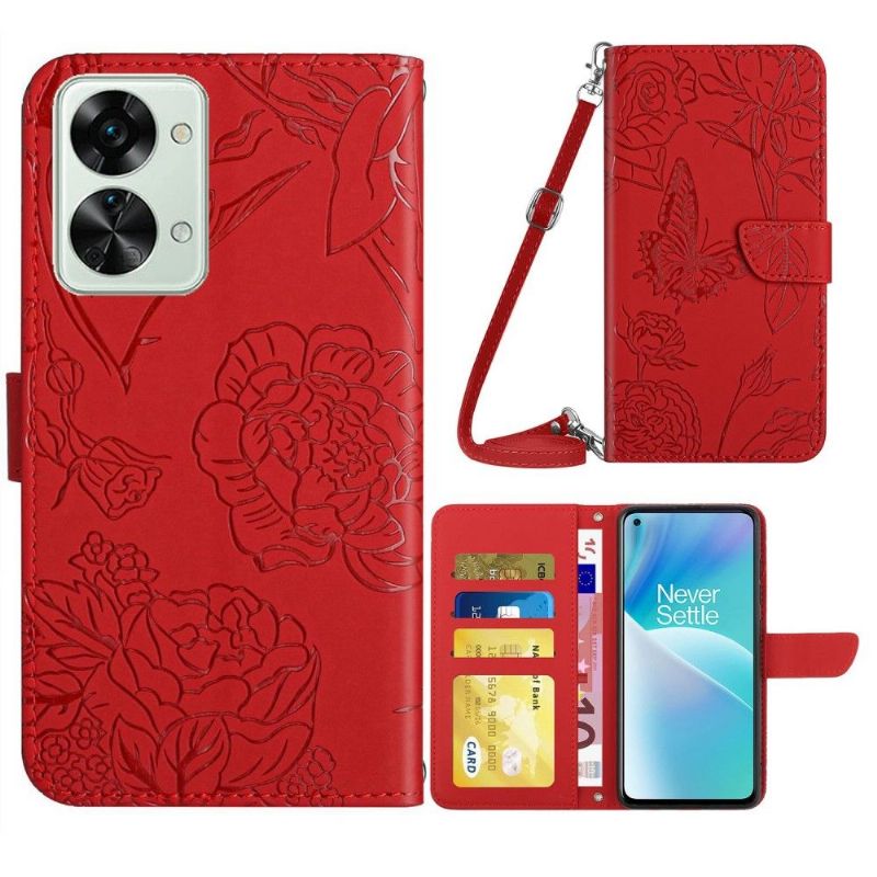 Kožené Pouzdro Na OnePlus Nord 2T 5G Ilustrační Pásek S Motýly A Květinami