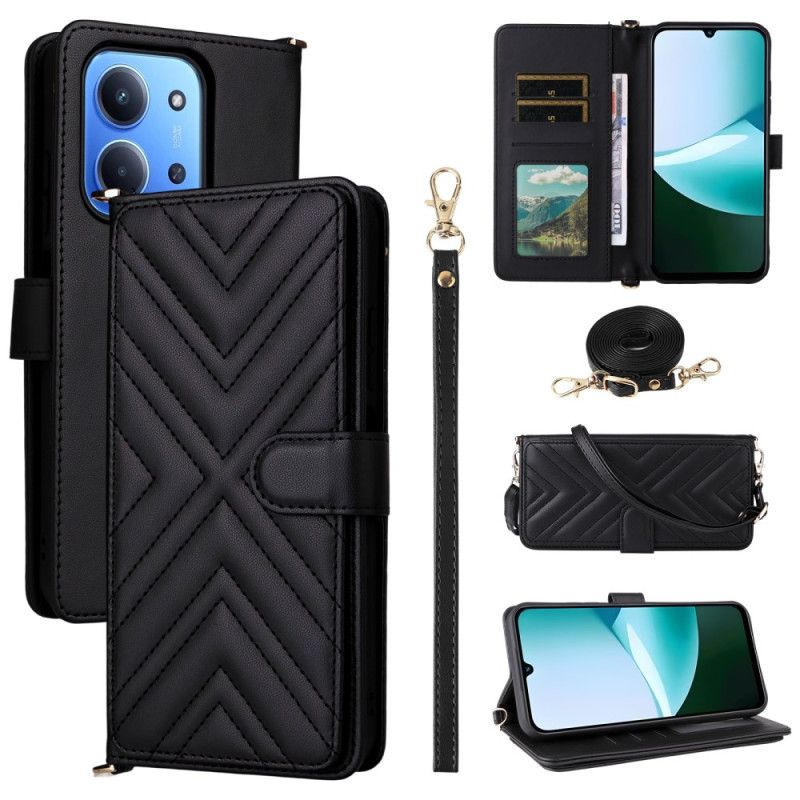 Kožený Kryt Poco C85 Prošívaný Design S Páskem A Ramenním Popruhem