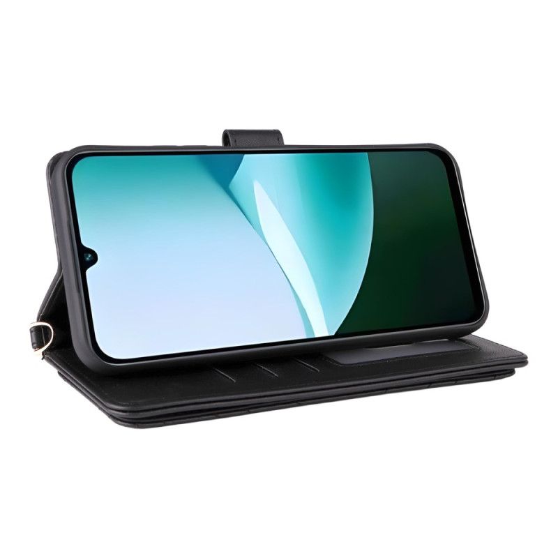 Kožený Kryt Poco C85 Prošívaný Design S Páskem A Ramenním Popruhem