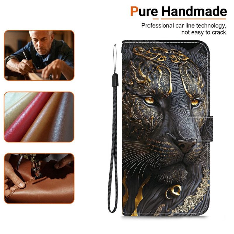 Kožený Kryt Na Xiaomi Redmi Note 15 Pro 5g Černozlatý Lev