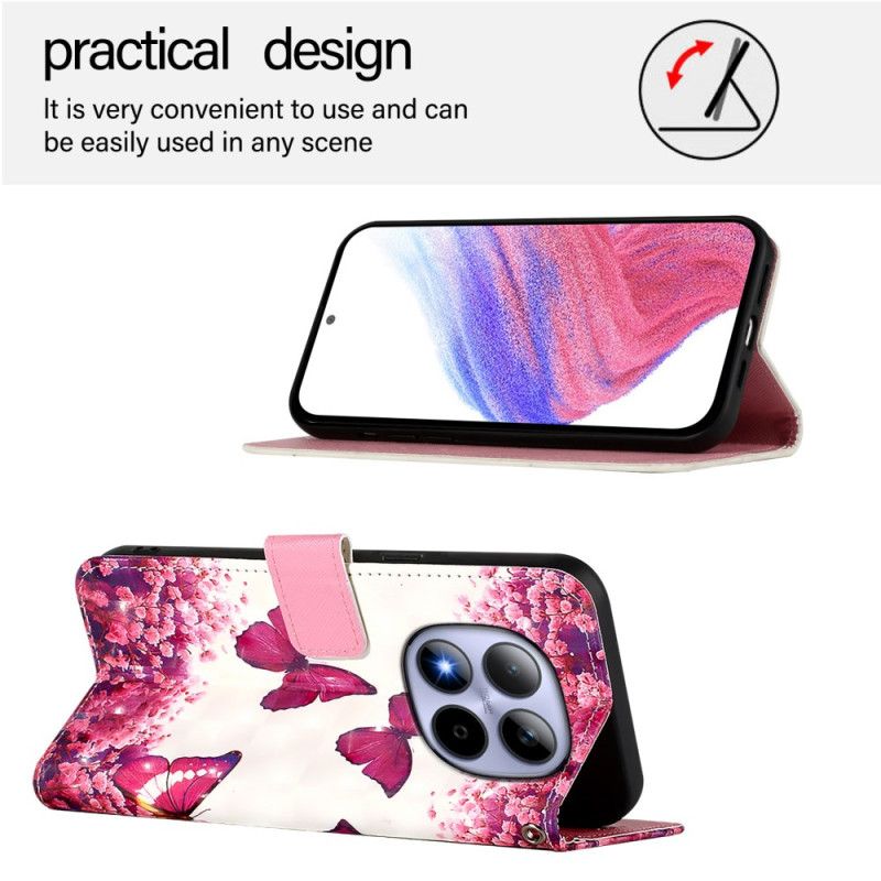 Kožený Kryt Xiaomi Redmi Note 15 Pro 5g Růžoví Motýli