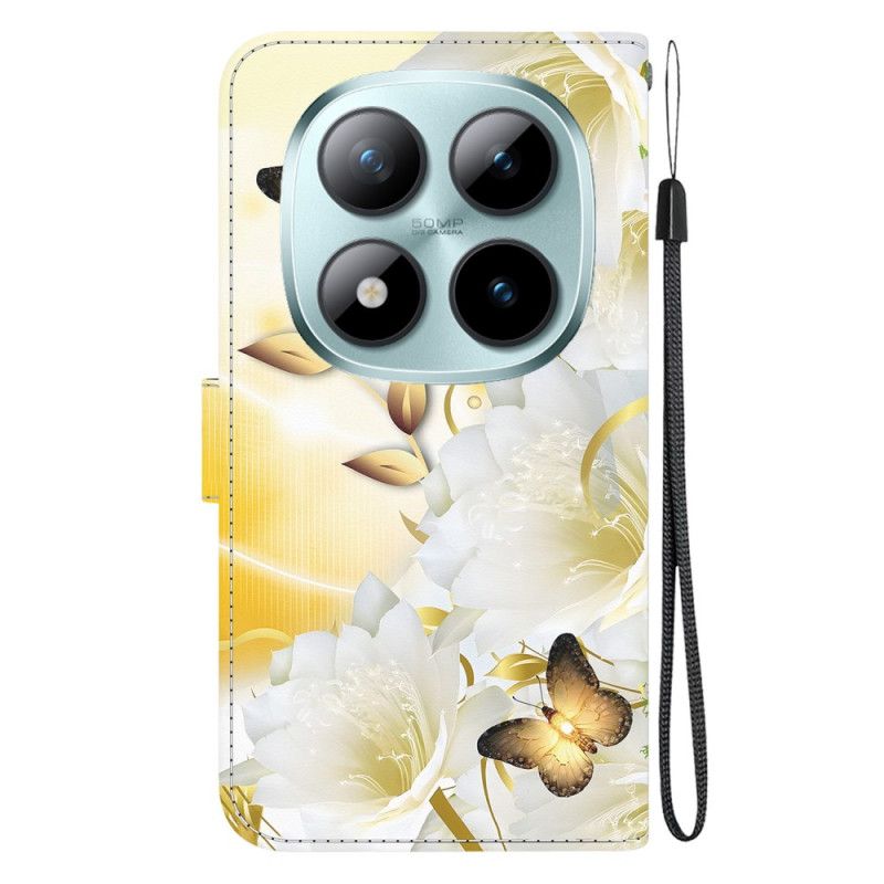 Peněženková Pouzdra Xiaomi Redmi Note 15 Pro 5g Zlatí Motýli A Bílé Květy