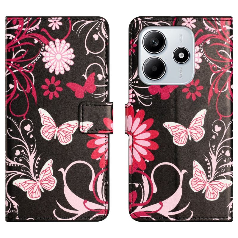 Kožený Kryt Xiaomi Redmi Note 14 4g Motýli Na Černém Pozadí