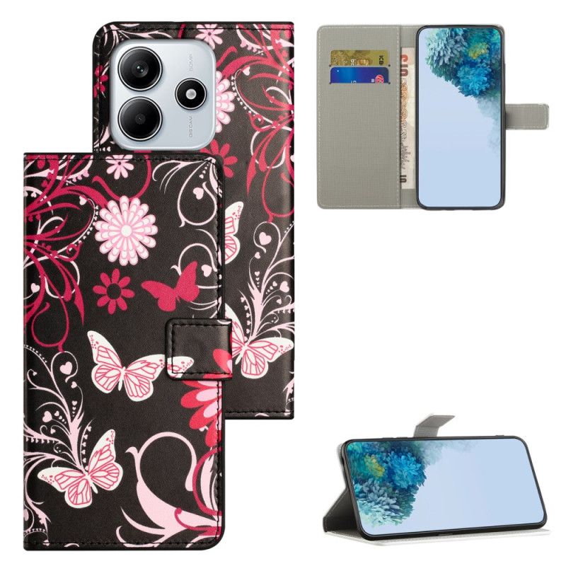 Kožený Kryt Xiaomi Redmi Note 14 4g Motýli Na Černém Pozadí
