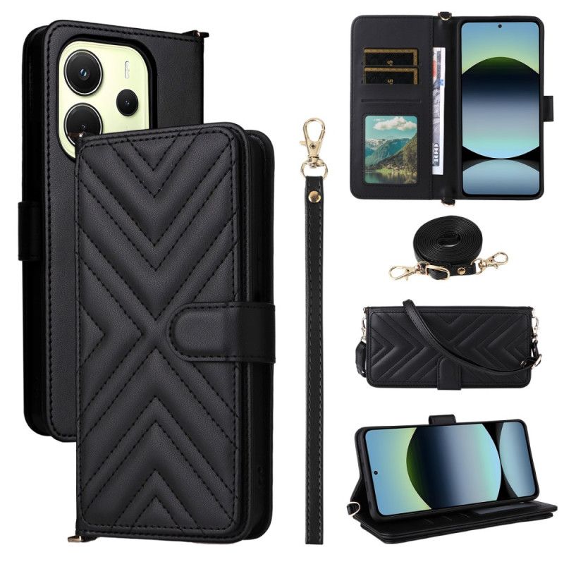 Kožený Kryt Xiaomi Redmi Note 14 4g Prémiová Peněženka S Páskem A Ramenním Popruhem