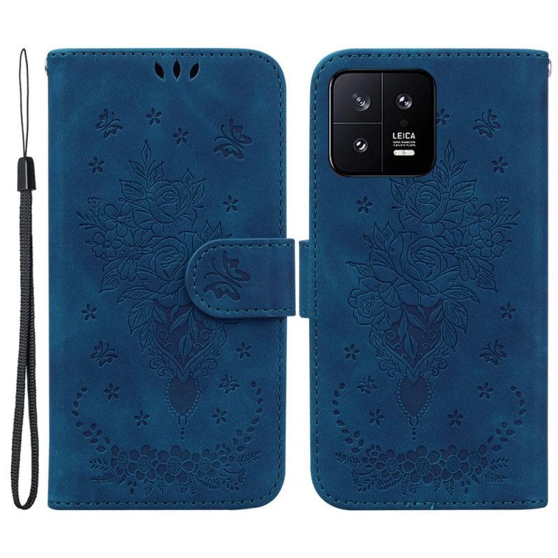 Flipové Pouzdro Na Xiaomi 13 Na Lana Strappy Růže A Motýli