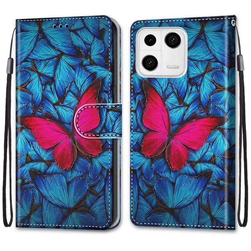 Flipové Pouzdro Na Xiaomi 13 Červený Motýl Modré Pozadí