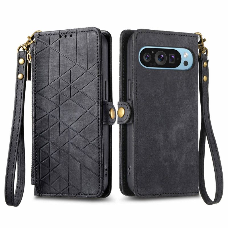 Kožený Kryt Google Pixel 9 Pro Xl Peněženka S Geometrickým Designem