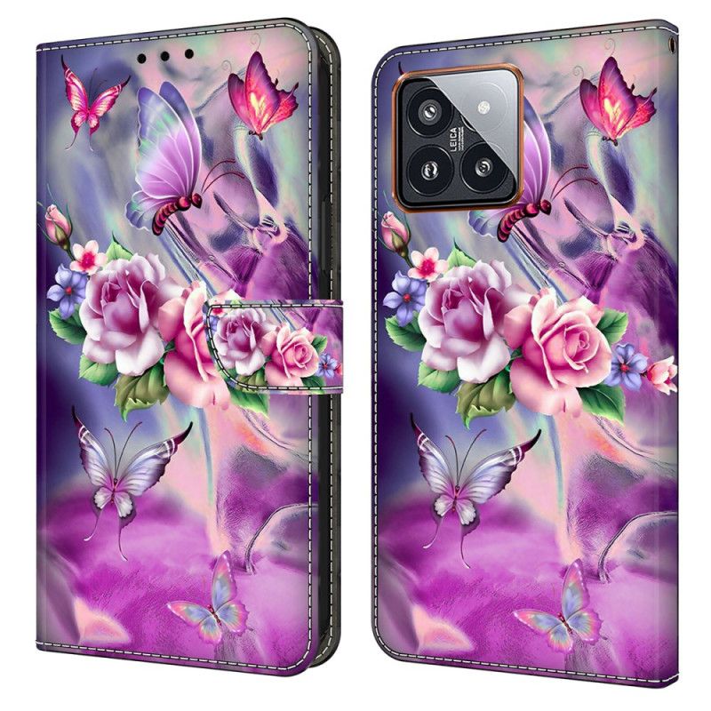 Kožený Kryt Xiaomi 14 Pro Fialoví Motýli A Květiny