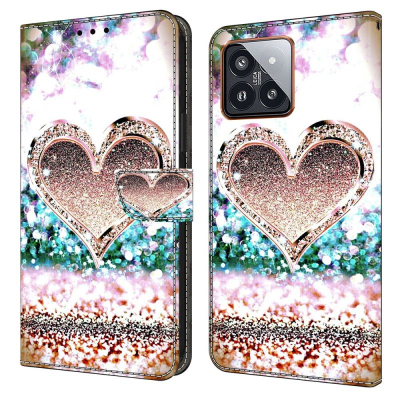 Kožený Kryt Xiaomi 14 Pro Růžové Diamantové Srdce