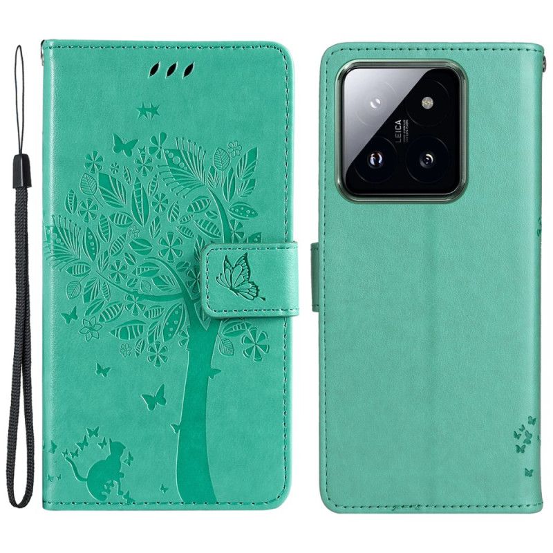Kožený Kryt Xiaomi 14 Pro Strom Kočky A Lanka