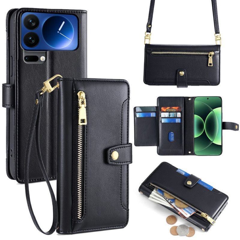 Kožený Kryt Na Xiaomi 17 Pro Max Pouzdro Na Zip A 2 Ramenní Popruhy